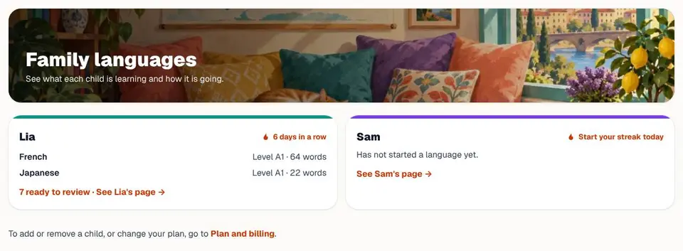 The parent's Family languages page: a card for each child with their languages, levels and words.