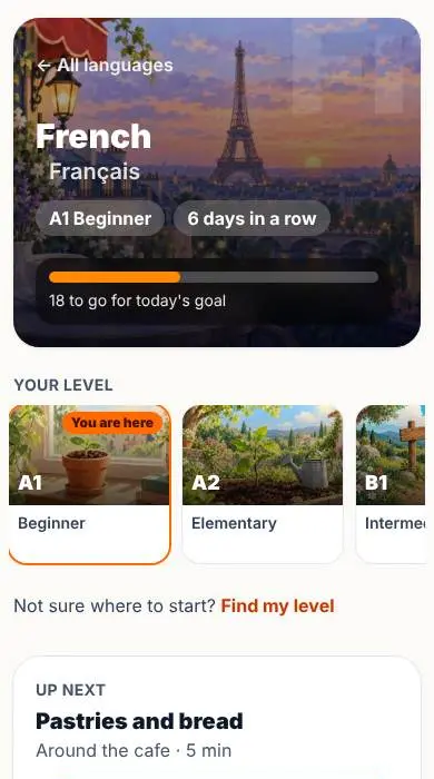 The French course path: the level cards, then the next lesson and a Continue button.