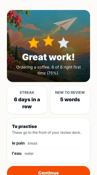 The end of a lesson: three stars, the streak and the words to practise.