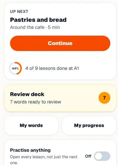 Up next: the next lesson with a Continue button, the review deck and links to My words and My progress.