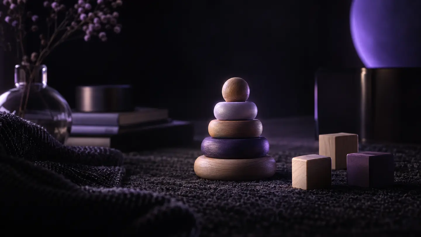 Small wooden stacking rings and blocks in soft violet light.