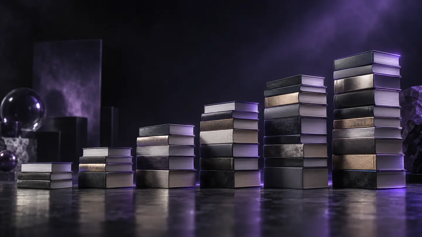 Six stacks of books rising like steps in soft violet light.