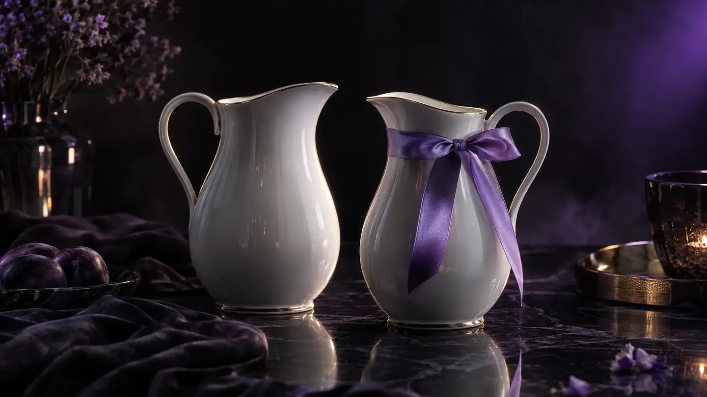 Two porcelain jugs, one with a ribbon in soft violet light.