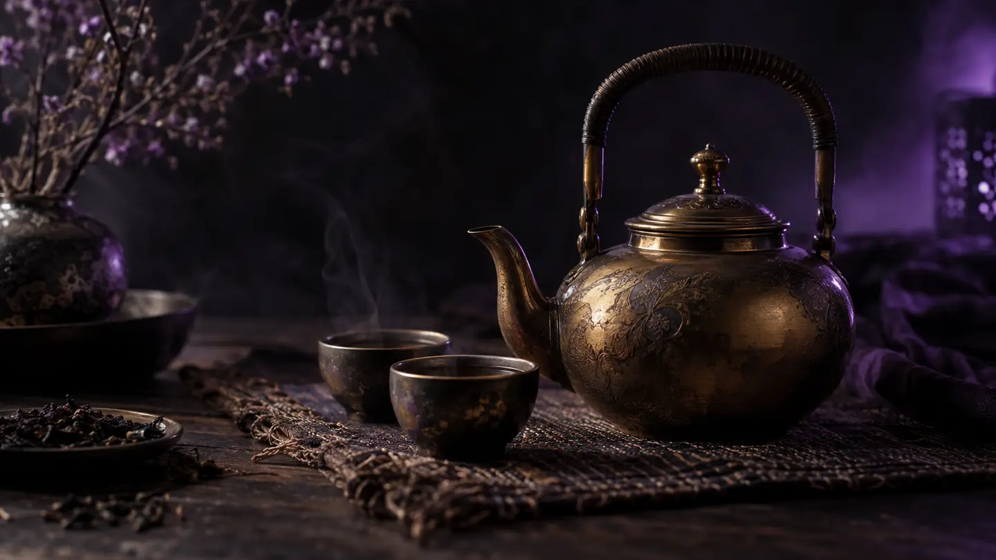 A brass teapot on woven cloth in soft violet light.