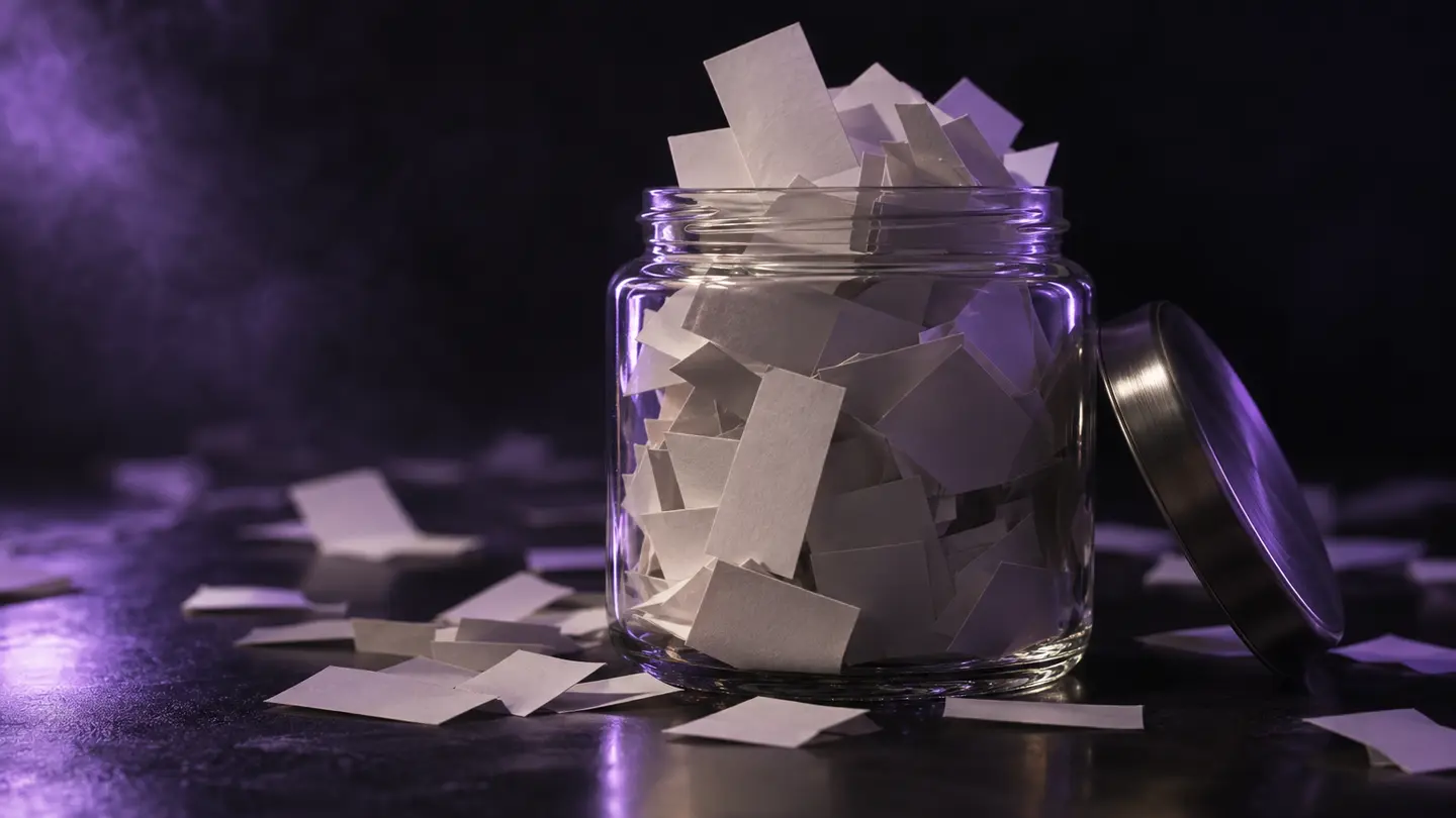 A jar overflowing with blank paper slips in soft violet light.
