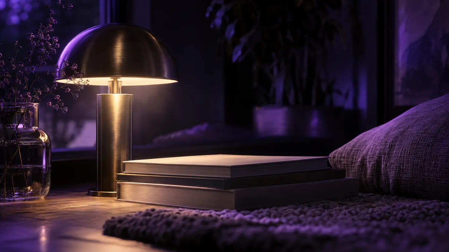 A reading lamp, picture books and a cushion in soft violet light.