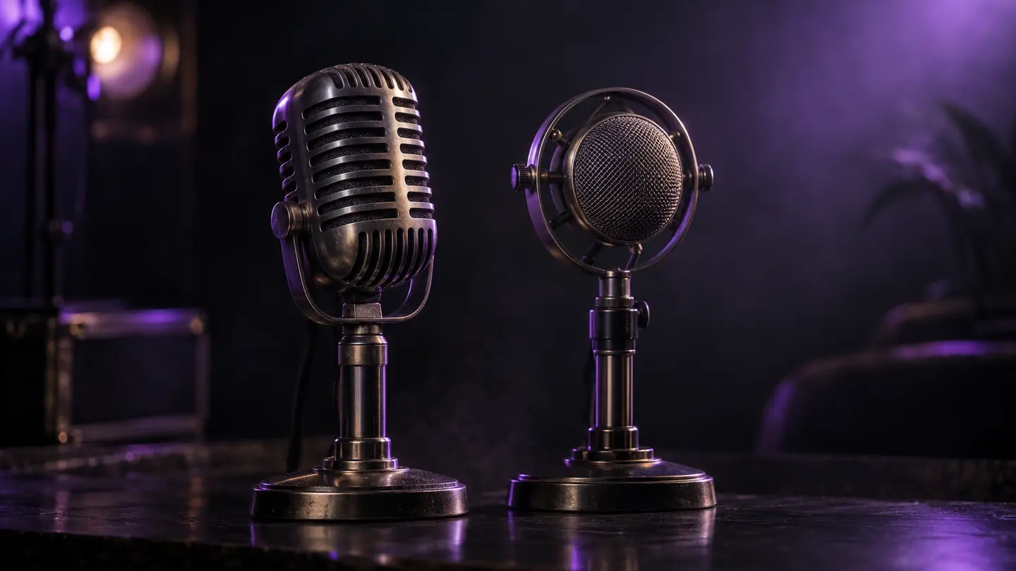 Two vintage microphones side by side in soft violet light.