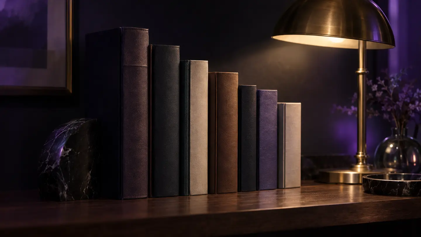 A row of dictionaries on a shelf in soft violet light.