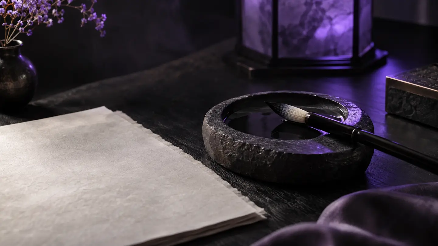 A calligraphy brush, ink stone and rice paper in soft violet light.