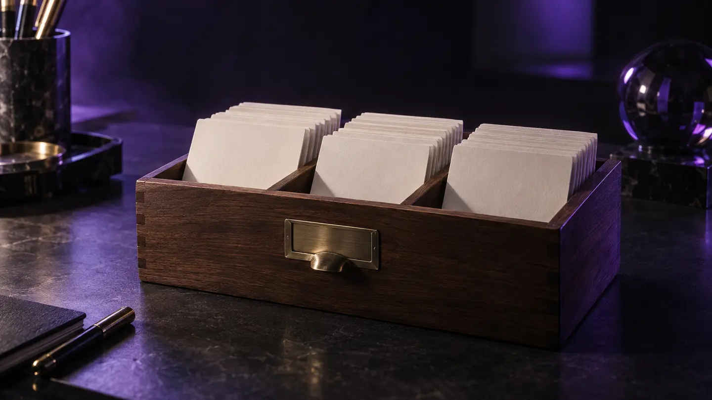 A flashcard box with divided compartments in soft violet light.