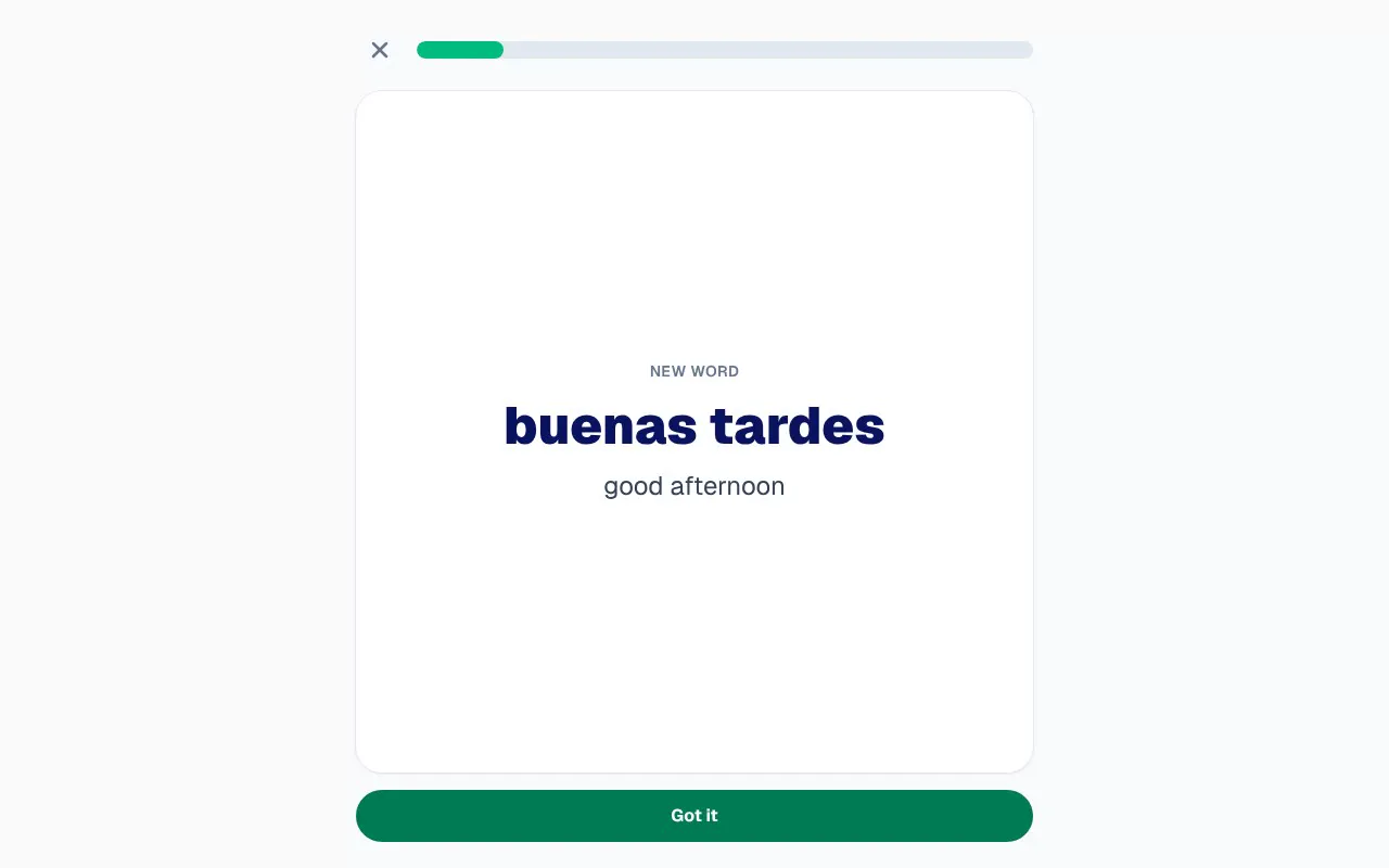 A language lesson: a new word is shown, then asked as a question with four answers.